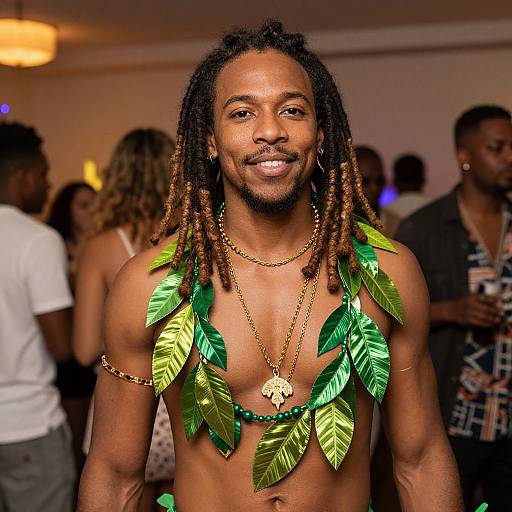 Photograph of a smiling, shirtless Black man with dreadlocks, wearing a leafy green necklace, gold chains, in a dimly lit party