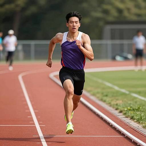 Photograph of a young Asian male runner in a purple and white tank top, black shorts, and neon green shoes, sprinting on a red track