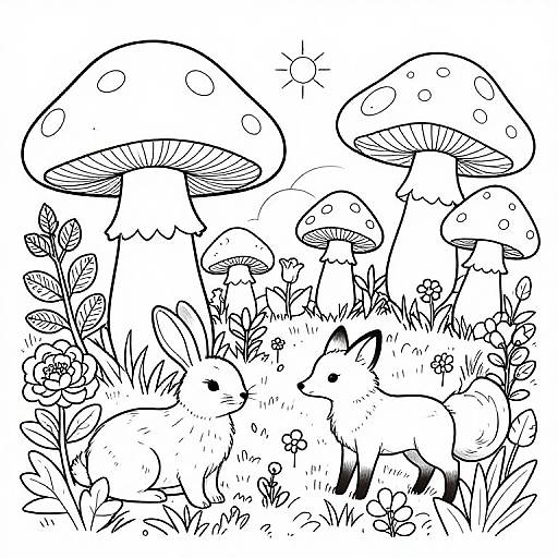 Black and white line drawing of two cute animals, a rabbit and a fox, standing among tall, spotted mushrooms and grassy flowers.