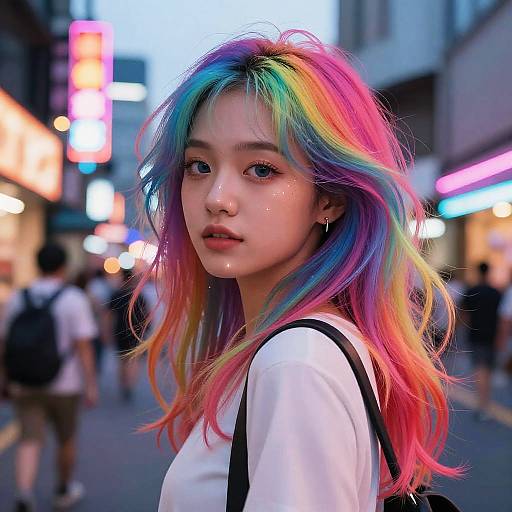 Photograph of an Asian woman with vibrant rainbow hair, wearing a white shirt and black strap, standing in a neon-lit city street at dusk.