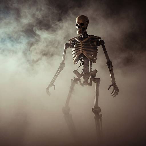 Photograph of a skeletal figure standing in eerie, foggy light, with mist swirling around and casting dramatic shadows.