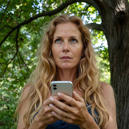 Photograph of a middle-aged woman with wavy blonde hair, blue eyes, and fair skin, holding a silver iPhone, standing in a sunlit