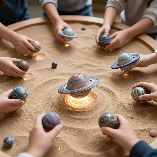 Photograph of children's hands holding colorful, textured paper Saturns around a glowing central model on a sandy table.