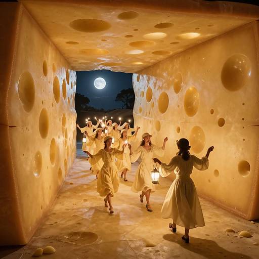 Photograph of women in flowing white dresses dancing through a moonlit, circular-patterned tunnel, illuminated by warm, soft lighting.