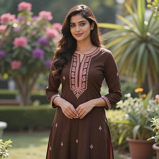Elegant Woman in Traditional Brown Embroidered Dress in Garden