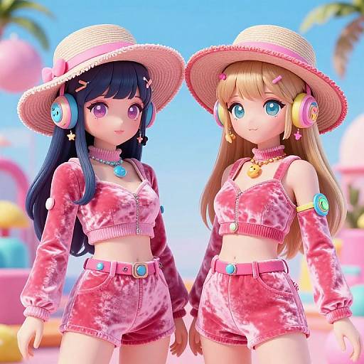Digital artwork of two anime girls with large eyes, wearing pink velvet crop tops and shorts, sun hats, and colorful headphones, standing on a sunny beach