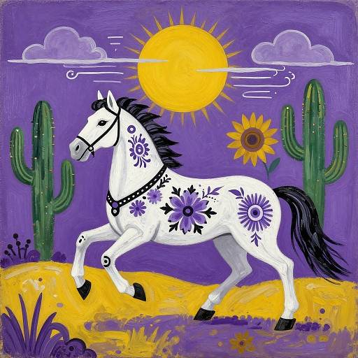 Gond Art Wild Horse in Purple Landscape