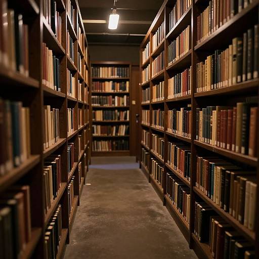 Photograph of a dimly lit, narrow library aisle with tall wooden bookshelves on both sides, filled with colorful, neatly arranged books.