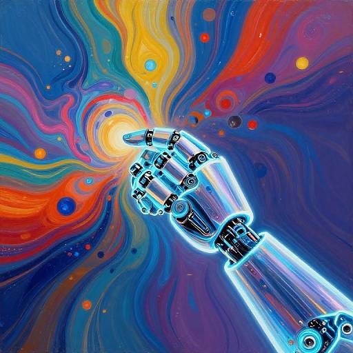 Digital artwork of a glowing, robotic hand pointing into a vibrant, swirling cosmic background with colors of blue, orange, yellow, and red.