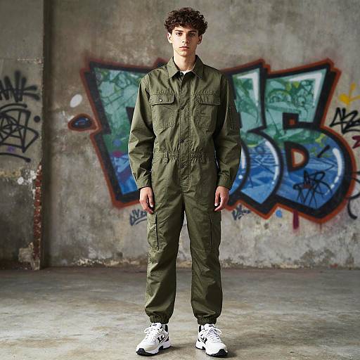 Photograph of a young man with curly brown hair, wearing an olive green jumpsuit and white sneakers, standing in a graffiti-covered, concrete-walled