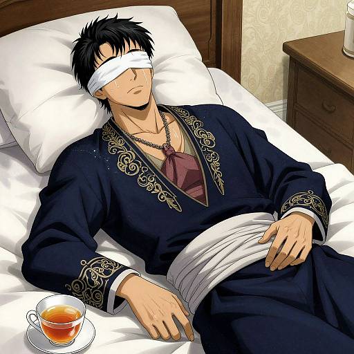Anime-style drawing of a blindfolded man in a black, ornate robe, lying in bed with a white pillow, tea cup on bedside table