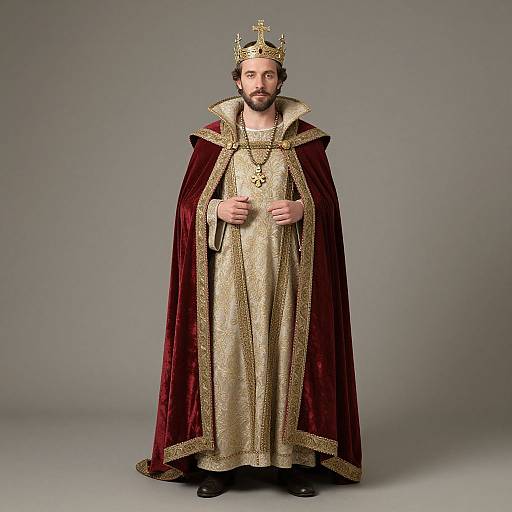 Photograph of a bearded man in a regal, gold and red medieval-style king's robe and crown, standing against a gray studio background.