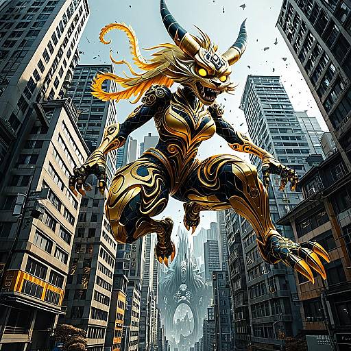 Digital comic-style image of a horned, glowing-eyed, golden armored demon with fiery hair leaping between towering skyscrapers in a shattered cityscape