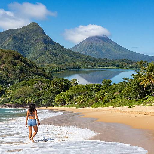 Photograph of a woman in a bikini standing on a sandy beach, facing two lush, green mountains and a calm lake under a bright blue sky.