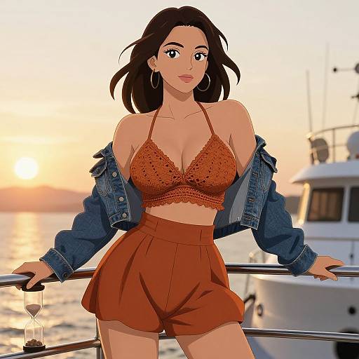 Digital anime-style drawing of a confident woman with dark hair, orange lace bralette, high-waisted orange shorts, denim jacket, and hoop earrings