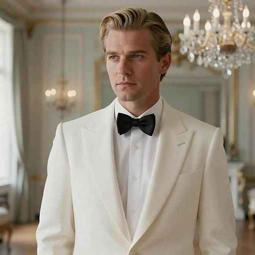 Photograph of a handsome, blonde, blue-eyed man in a white tuxedo with a black bow tie, standing in an elegant, chandelier