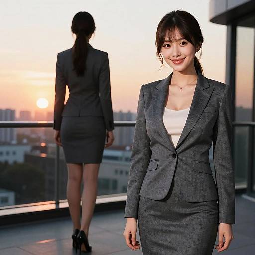 Photograph of an Asian woman in a gray business suit with a white top, smiling in foreground, silhouetted colleague in background, sunset over