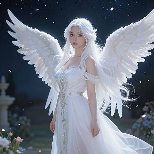 Photograph of a pale-skinned, ethereal woman with long white hair and large, glowing white wings, wearing a flowing white gown, standing in
