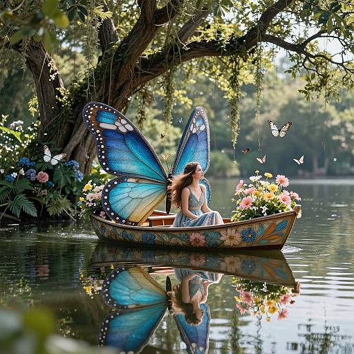 Photograph of a fairy-like woman with blue butterfly wings, sitting in a colorful boat on a reflective lake, surrounded by flowers and butterflies.