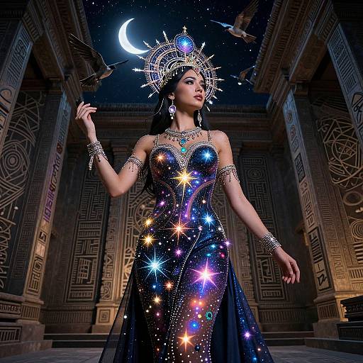 Photograph of an Asian woman in a starry, galaxy-themed, strapless gown with sparkling jewels, wearing an ornate headpiece, standing in