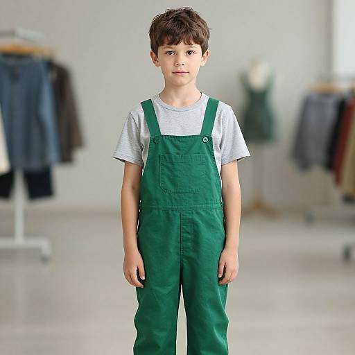 Photograph of a young boy with short brown hair, wearing green overalls over a white t-shirt, standing in a bright, spacious clothing store with
