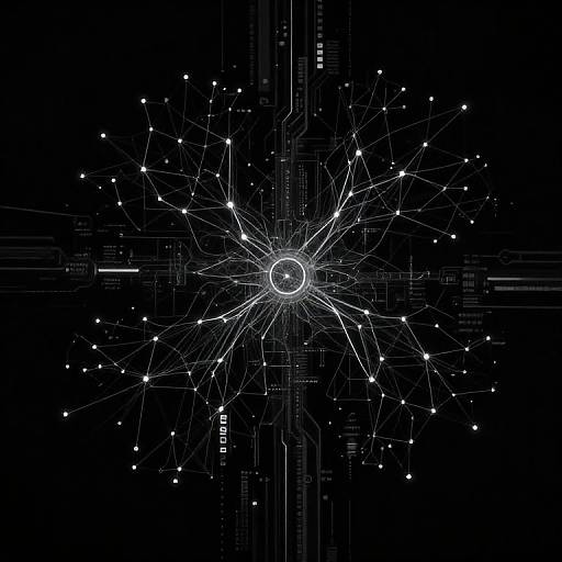 Digital illustration of a glowing, circular neural network with radiating white lines and dots on a black background.
