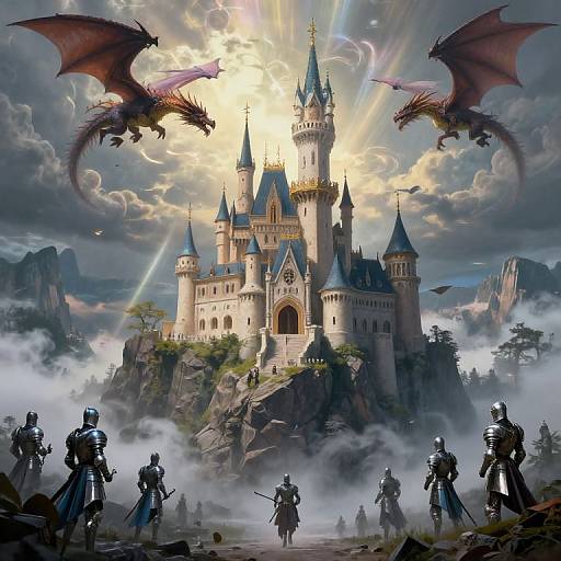 Digital fantasy artwork: Armored knights face two flying dragons above a sunlit, misty medieval castle with blue-tipped spires on rocky terrain.