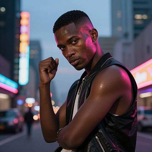 Photograph of a muscular, dark-skinned man with short hair, wearing a sleeveless black leather vest, standing on a neon-lit city street