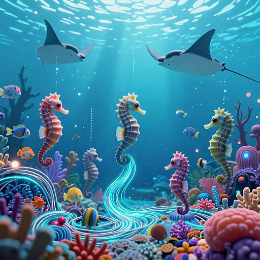 Vibrant underwater scene: colorful seahorses, glowing blue currents, diverse fish, coral, and two sharks, illuminated by sun rays from above