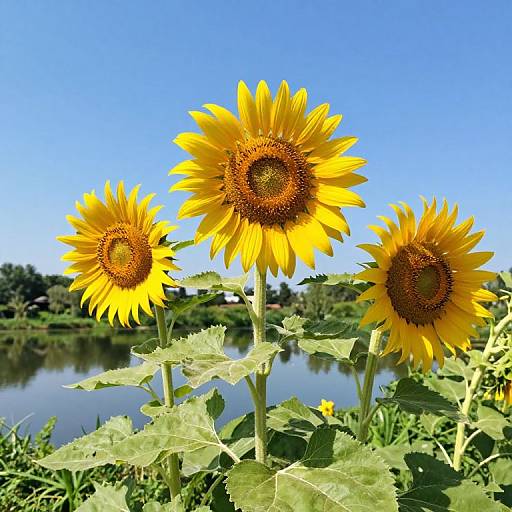 Photograph of three vibrant yellow sunflowers with green leaves, standing tall by a calm reflective pond under a clear blue sky.