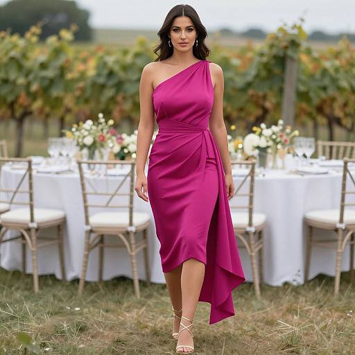 Photograph of a dark-haired woman in a one-shoulder, magenta dress walking towards outdoor vineyard tables with white tablecloths and floral