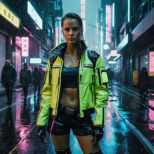 Cyberpunk Rebel Woman in Neon Jacket on Rainy Futuristic Street