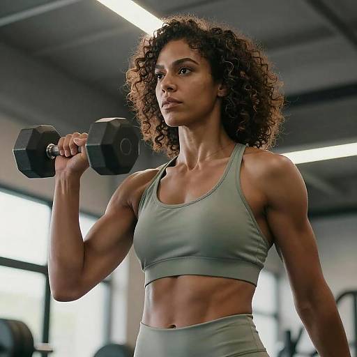 Muscular Woman Lifting Dumbbell in Gym