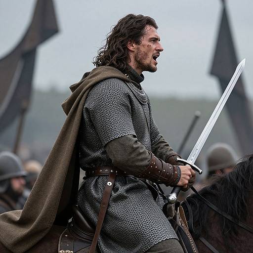 Photograph of a rugged, bearded man with long brown hair, wearing medieval chainmail and brown cloak, gripping a sword, shouting amid a blurred