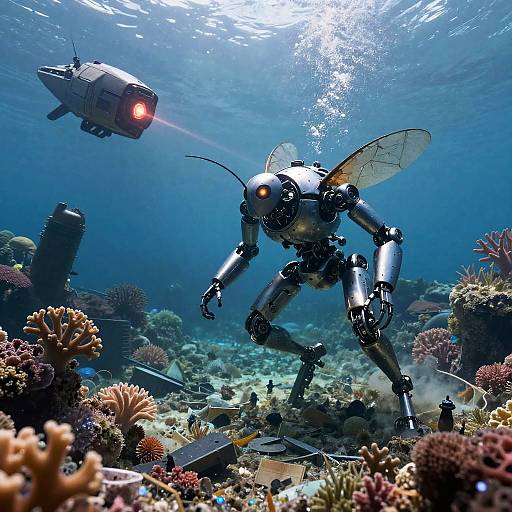 Photograph of a robotic insect-like drone with wings and glowing eyes, patrolling a vibrant underwater coral reef with a hovering drone above. Blue sunlight filters