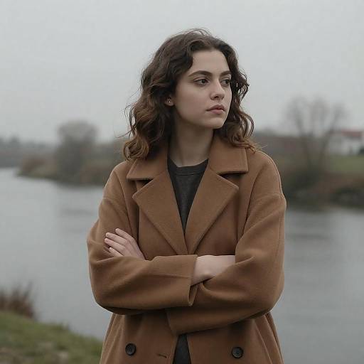 Contemplative Woman in Brown Coat by River