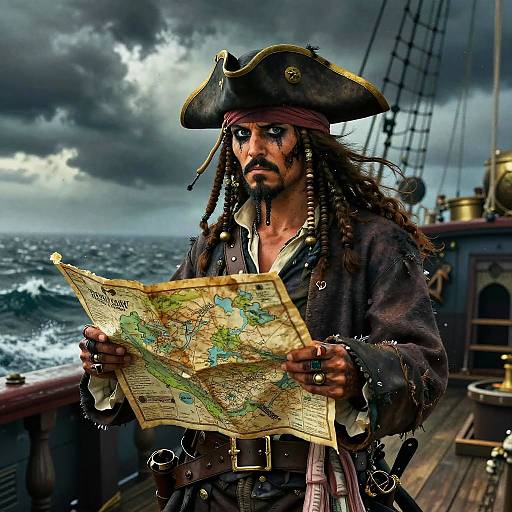 Daring Pirate Captain Holding Treasure Map on Ship Deck