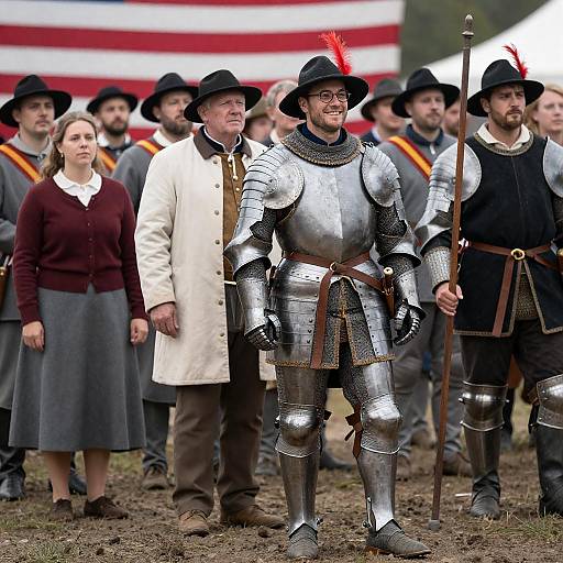 Medieval Armor Reenactment with American Flag