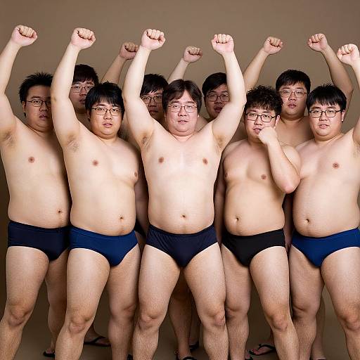 Photograph of seven Asian men with glasses, standing in a row, raising their arms, wearing only black briefs, against a beige background.