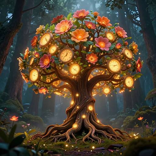 Enchanted forest tree with glowing clock faces and vibrant flowers, illuminated by fairy lights, standing amidst misty, towering trees. Digital fantasy art.
