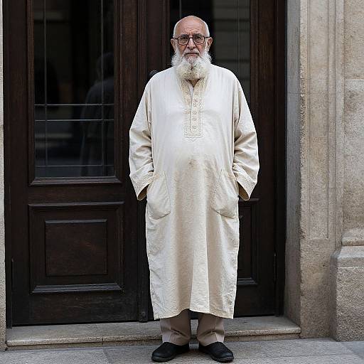Photograph of an elderly man with a white beard, wearing glasses, a cream long-sleeve tunic, beige pants, and black shoes,