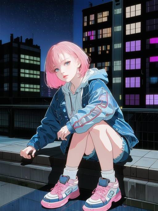 Girl with Pink Hair in City Night