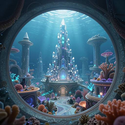 Photorealistic CGI of a glowing, underwater fantasy city with ornate towers, luminescent coral, and a central illuminated castle, viewed through a