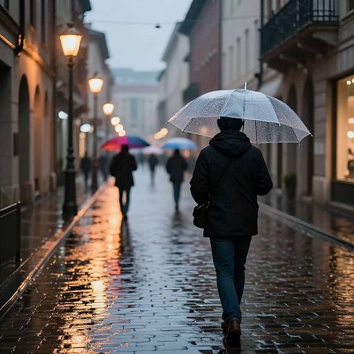 Photograph of a person in a dark coat and jeans walking on a wet, cobblestone street with glowing lampposts, holding a transparent