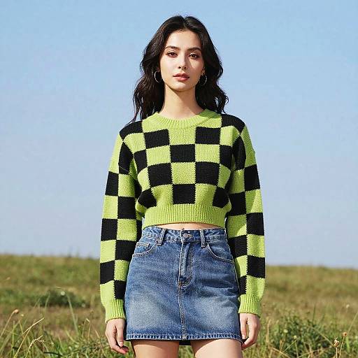 Woman in Checkered Sweater and Denim Skirt Outdoors