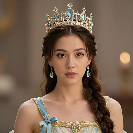 Photograph of a young woman with fair skin, dark brown hair in a braid, wearing a gold and blue diamond-encrusted crown,