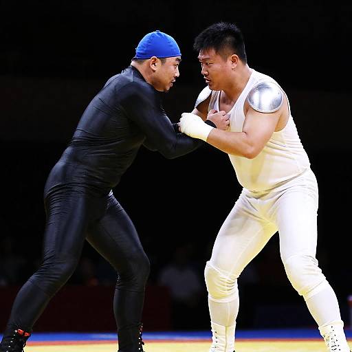 Intense Wrestling Match Under Stage Lights