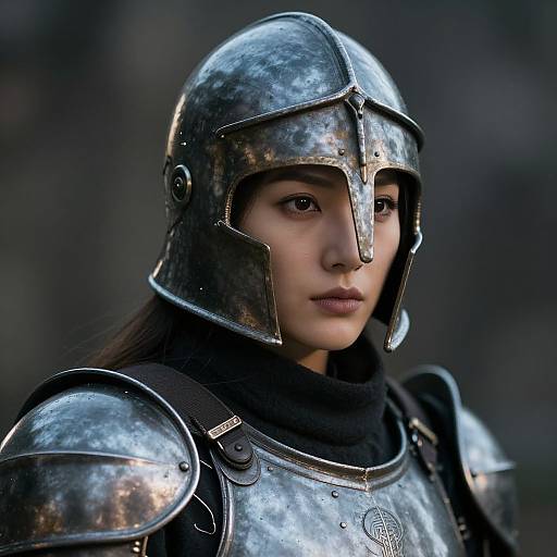 Photograph of a young woman with fair skin, wearing weathered silver medieval armor and helmet, set against a dark, blurred background.