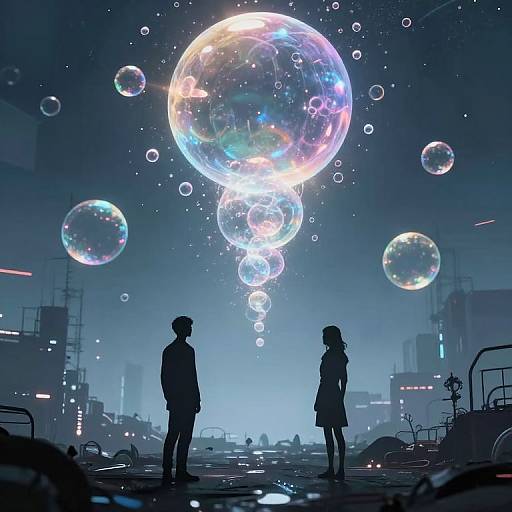 Cyberpunk Silhouettes with Ethereal Bubbles