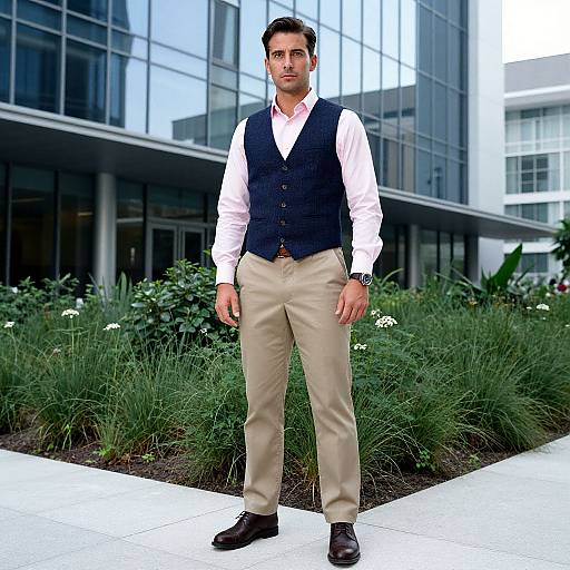 Photograph of a handsome, light-skinned man with short dark hair, wearing a white shirt, navy vest, beige pants, and brown shoes,